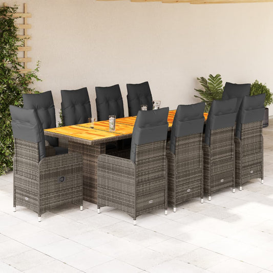 11-tlg. Garten-Bistro-Set mit Kissen Grau Poly Rattan