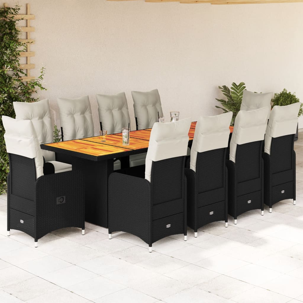 11-tlg. Garten-Bistro-Set mit Kissen Schwarz Poly Rattan