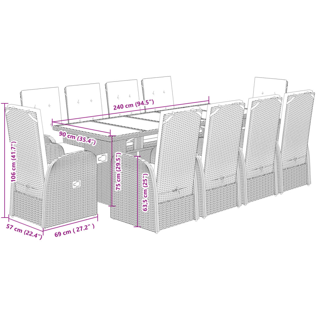 11-tlg. Garten-Essgruppe mit Kissen Grau Poly Rattan