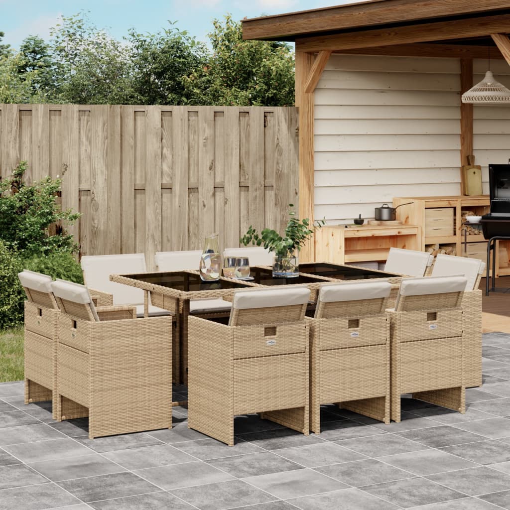 11-tlg. Garten-Essgruppe mit Kissen Beige Poly Rattan