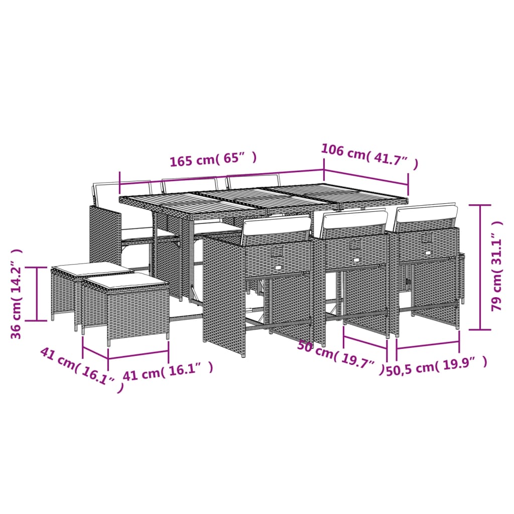 11-tlg. Garten-Essgruppe mit Kissen Schwarz Poly Rattan