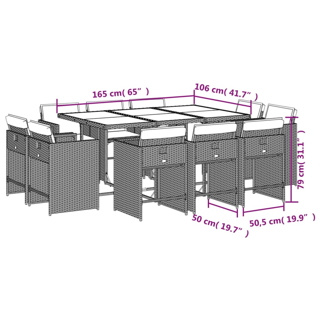 11-tlg. Garten-Essgruppe mit Kissen Grau Poly Rattan