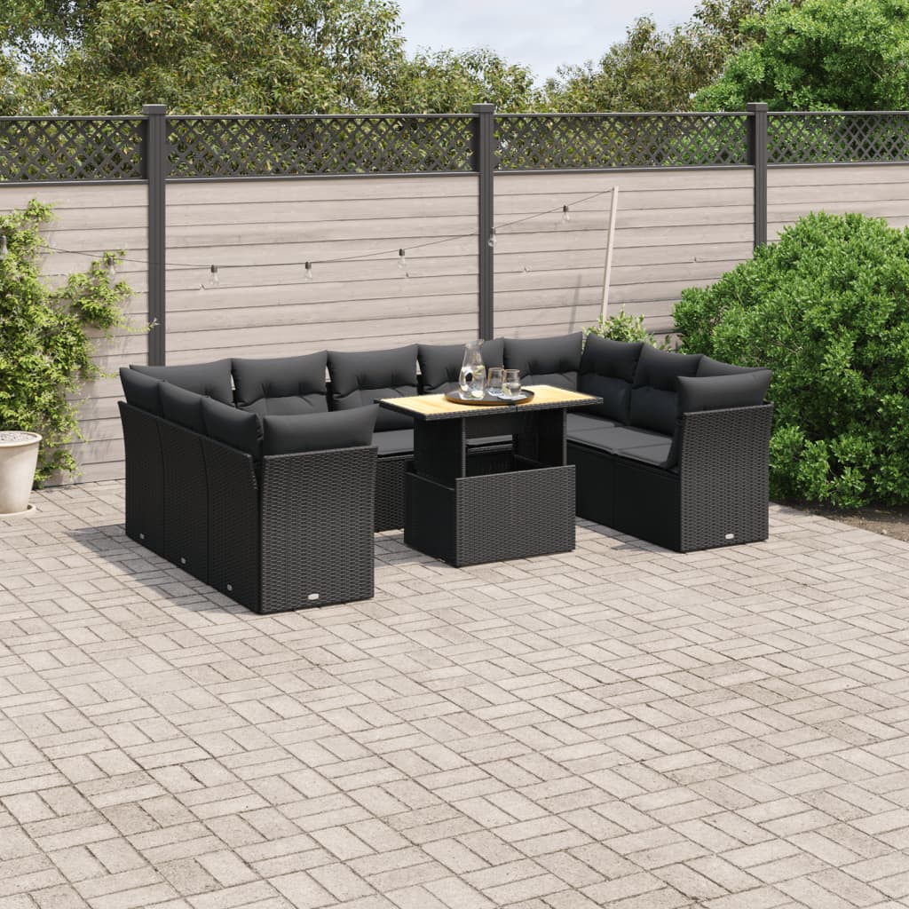 10-tlg. Garten-Sofagarnitur mit Kissen Schwarz Poly Rattan