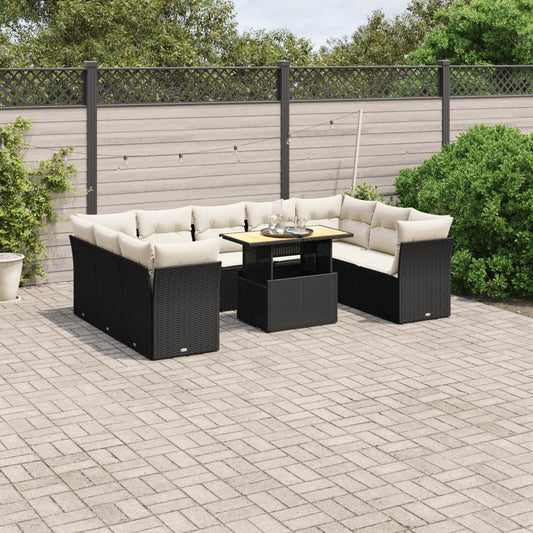 10-tlg. Garten-Sofagarnitur mit Kissen Schwarz Poly Rattan