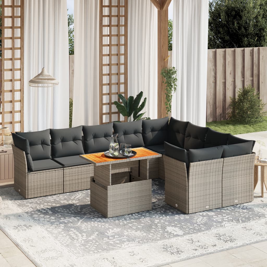 10-tlg. Garten-Sofagarnitur mit Kissen Grau Poly Rattan