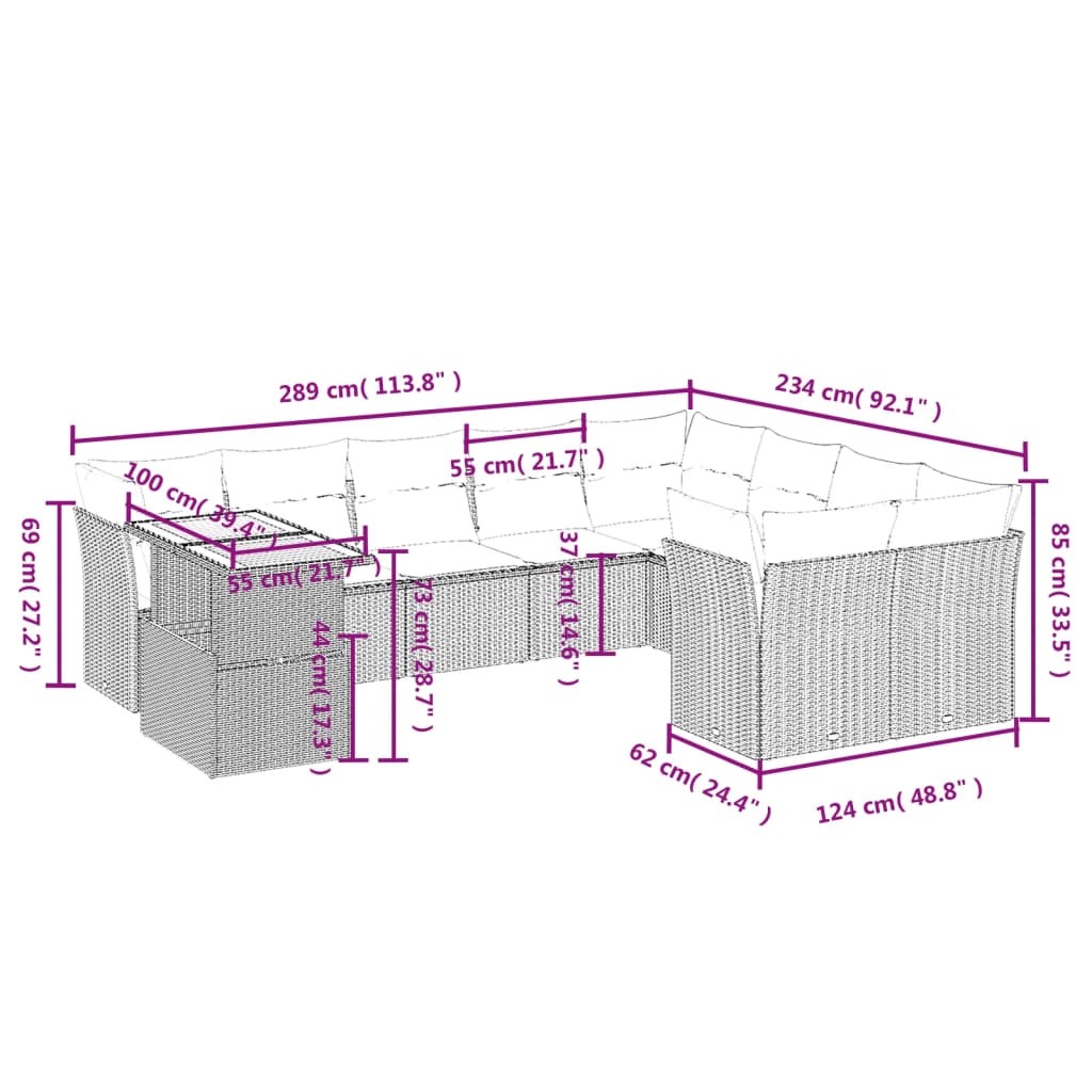 10-tlg. Garten-Sofagarnitur mit Kissen Grau Poly Rattan