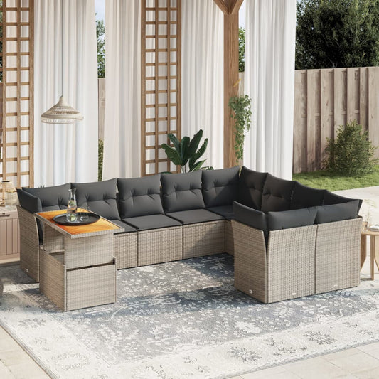 10-tlg. Garten-Sofagarnitur mit Kissen Grau Poly Rattan