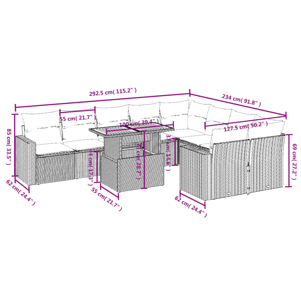 10-tlg. Garten-Sofagarnitur mit Kissen Grau Poly Rattan