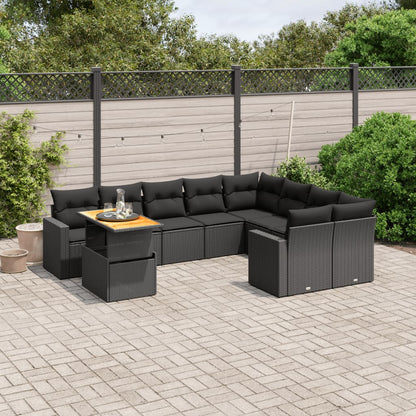 10-tlg. Garten-Sofagarnitur mit Kissen Schwarz Poly Rattan