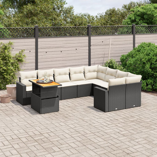 10-tlg. Garten-Sofagarnitur mit Kissen Schwarz Poly Rattan