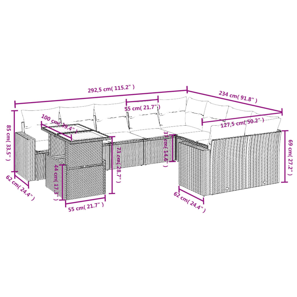 10-tlg. Garten-Sofagarnitur mit Kissen Grau Poly Rattan