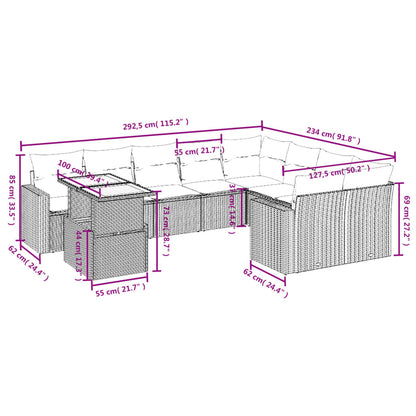 10-tlg. Garten-Sofagarnitur mit Kissen Grau Poly Rattan