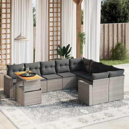 10-tlg. Garten-Sofagarnitur mit Kissen Grau Poly Rattan