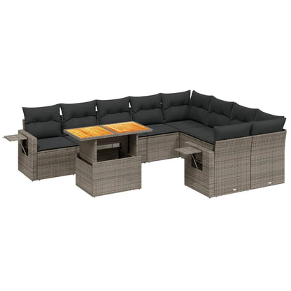 10-tlg. Garten-Sofagarnitur mit Kissen Grau Poly Rattan