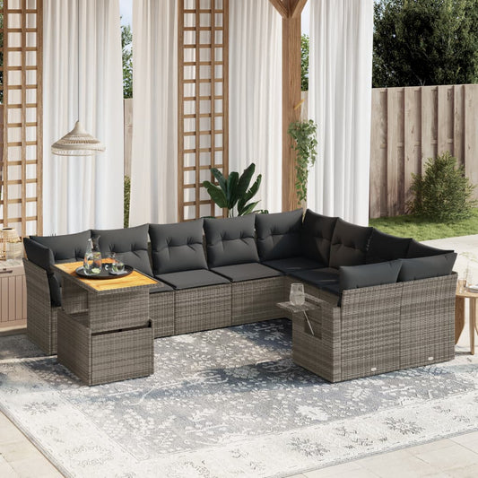 10-tlg. Garten-Sofagarnitur mit Kissen Grau Poly Rattan