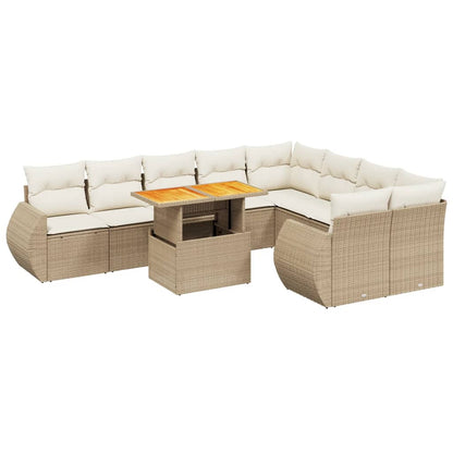 10-tlg. Garten-Sofagarnitur mit Kissen Beige Poly Rattan