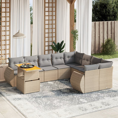 10-tlg. Garten-Sofagarnitur mit Kissen Beige Poly Rattan