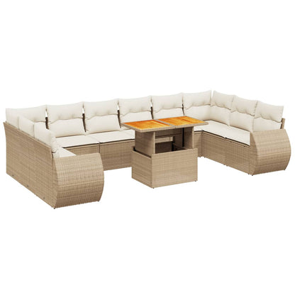 11-tlg. Garten-Sofagarnitur mit Kissen Beige Poly Rattan