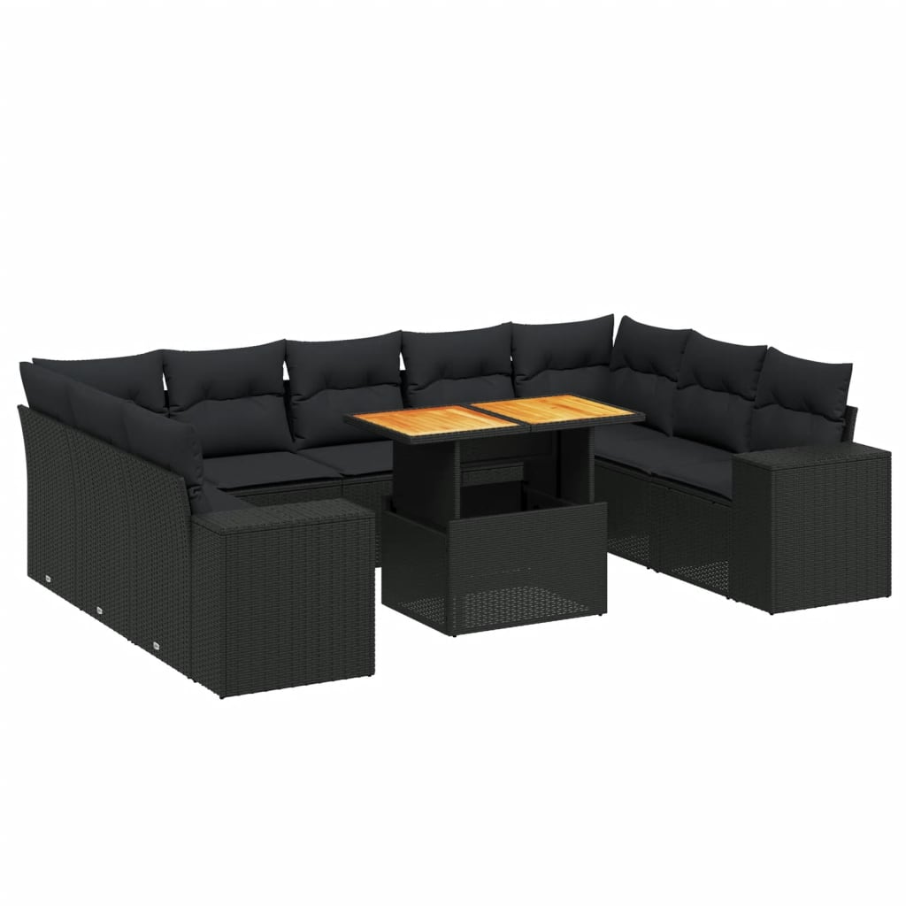 10-tlg. Garten-Sofagarnitur mit Kissen Schwarz Poly Rattan