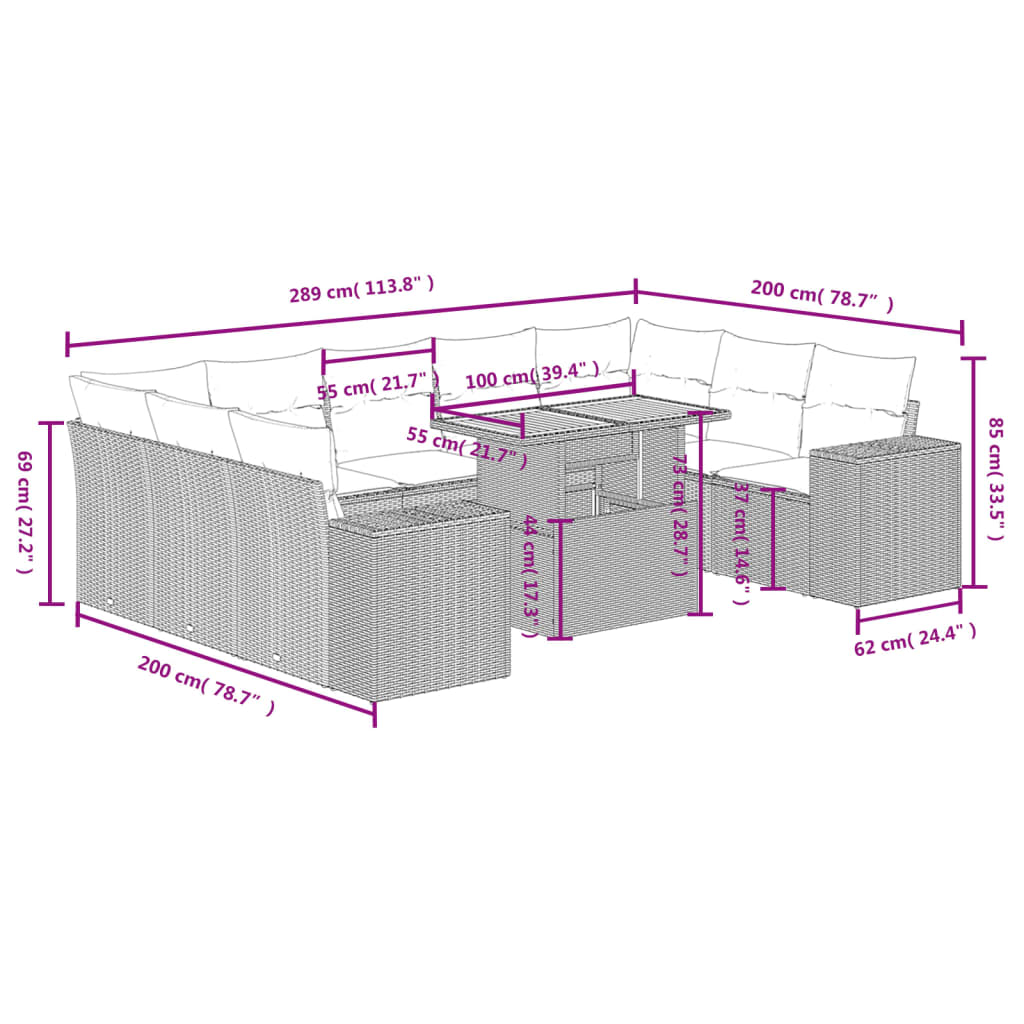 10-tlg. Garten-Sofagarnitur mit Kissen Schwarz Poly Rattan