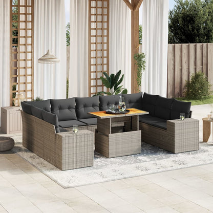 10-tlg. Garten-Sofagarnitur mit Kissen Grau Poly Rattan