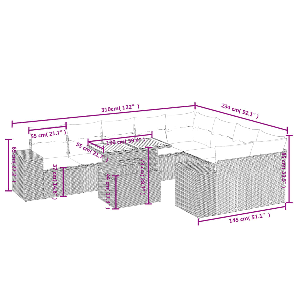 10-tlg. Garten-Sofagarnitur mit Kissen Grau Poly Rattan