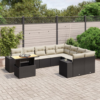 10-tlg. Garten-Sofagarnitur mit Kissen Schwarz Poly Rattan