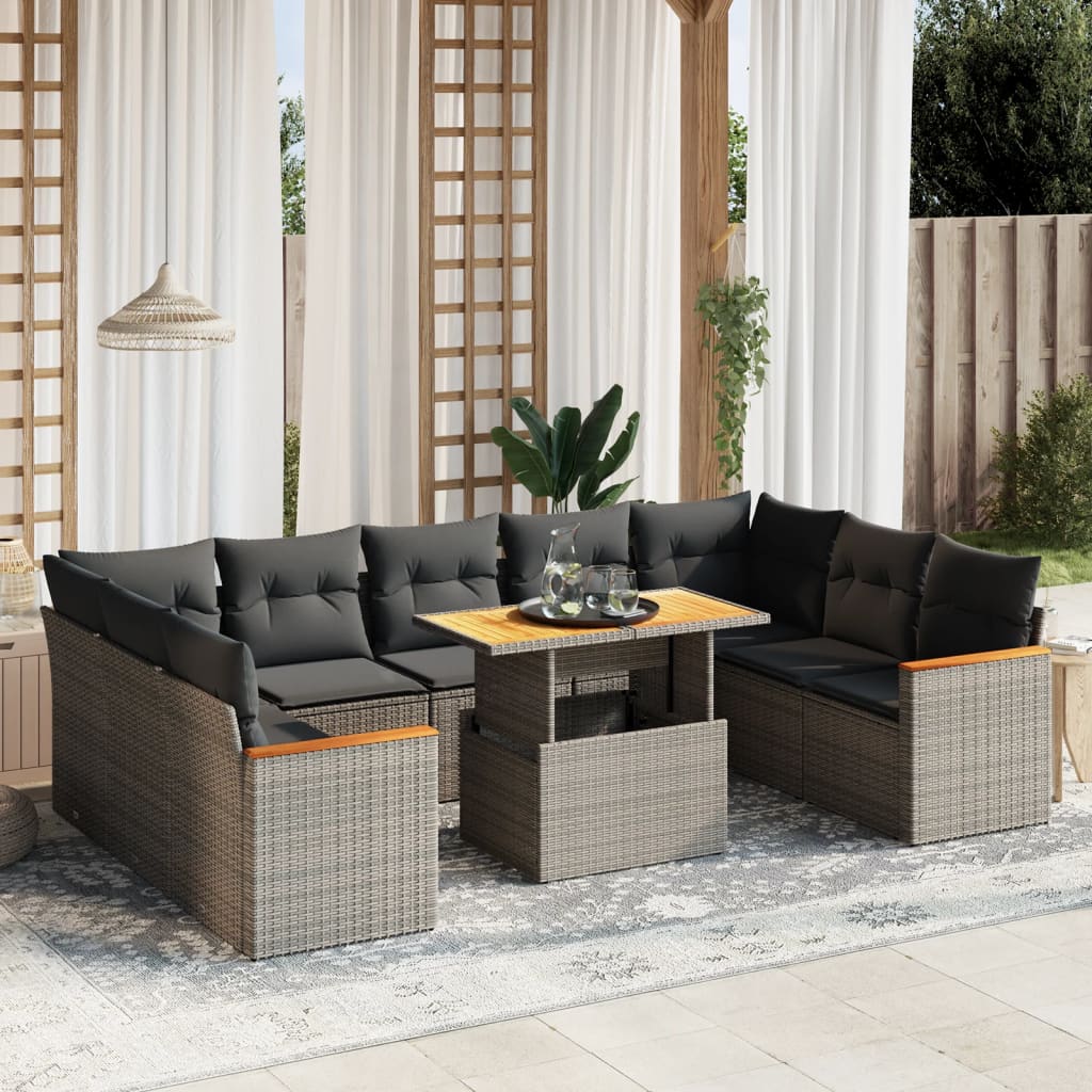 10-tlg. Garten-Sofagarnitur mit Kissen Grau Poly Rattan