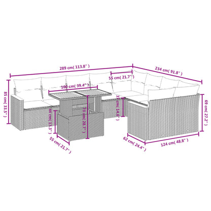 10-tlg. Garten-Sofagarnitur mit Kissen Grau Poly Rattan