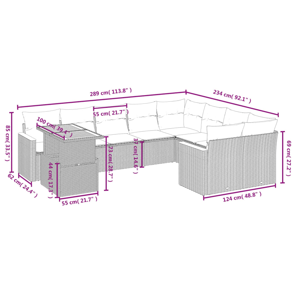 10-tlg. Garten-Sofagarnitur mit Kissen Schwarz Poly Rattan