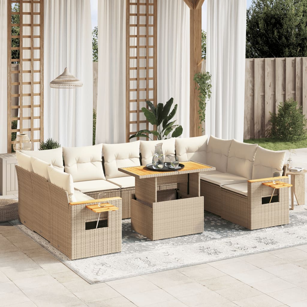 10-tlg. Garten-Sofagarnitur mit Kissen Beige Poly Rattan