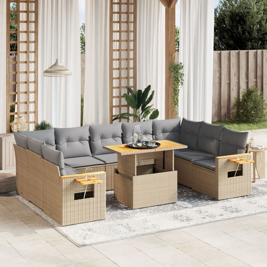 10-tlg. Garten-Sofagarnitur mit Kissen Beige Poly Rattan