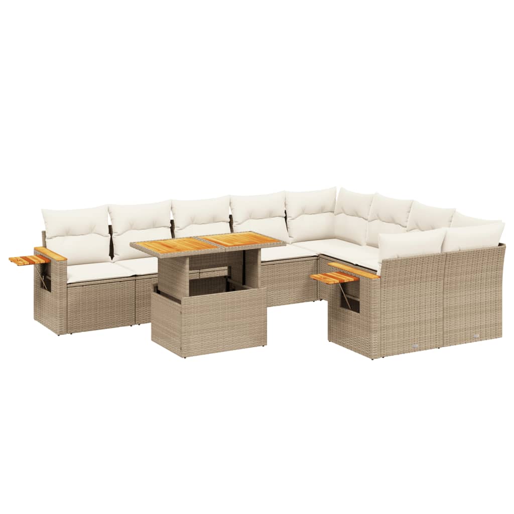 10-tlg. Garten-Sofagarnitur mit Kissen Beige Poly Rattan