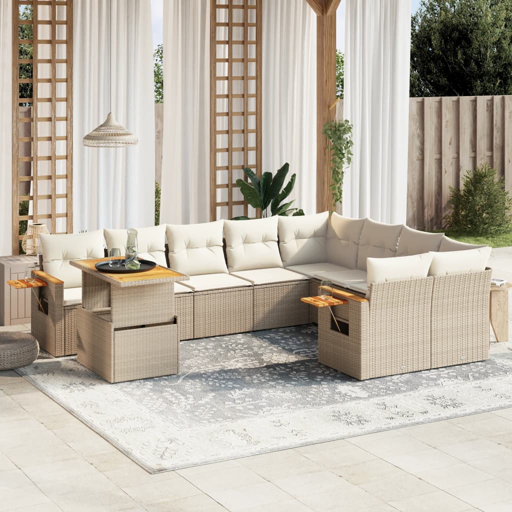 10-tlg. Garten-Sofagarnitur mit Kissen Beige Poly Rattan