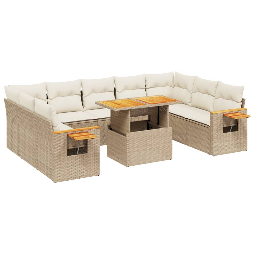 11-tlg. Garten-Sofagarnitur mit Kissen Beige Poly Rattan