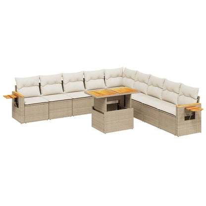 11-tlg. Garten-Sofagarnitur mit Kissen Beige Poly Rattan