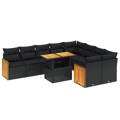 10-tlg. Garten-Sofagarnitur mit Kissen Schwarz Poly Rattan