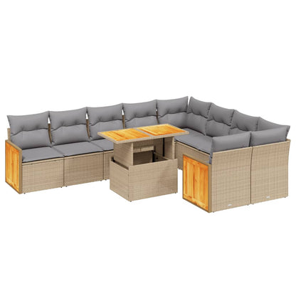 10-tlg. Garten-Sofagarnitur mit Kissen Beige Poly Rattan