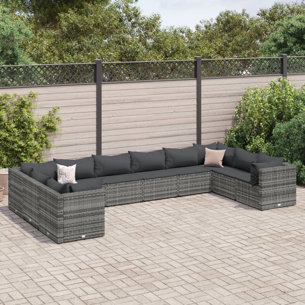 10-tlg. Garten-Lounge-Set mit Kissen Grau Poly Rattan