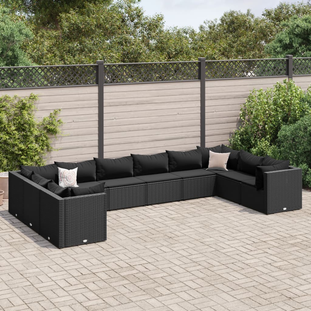 10-tlg. Garten-Lounge-Set mit Kissen Schwarz Poly Rattan