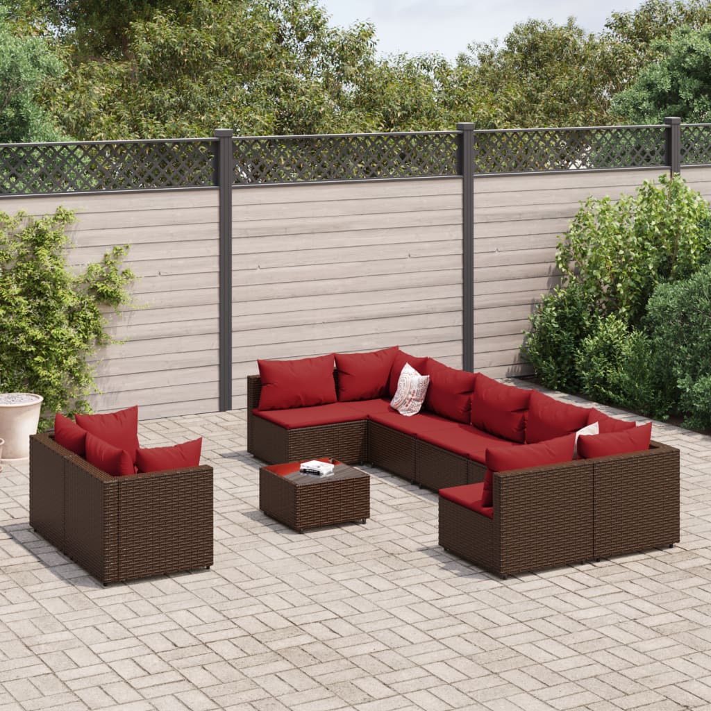 10-tlg. Garten-Sofagarnitur mit Kissen Braun Poly Rattan