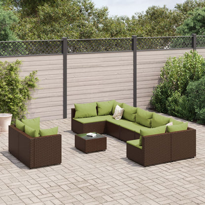 10-tlg. Garten-Sofagarnitur mit Kissen Braun Poly Rattan