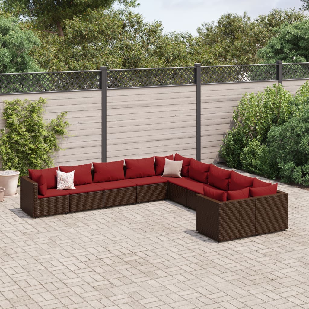 10-tlg. Garten-Sofagarnitur mit Kissen Braun Poly Rattan