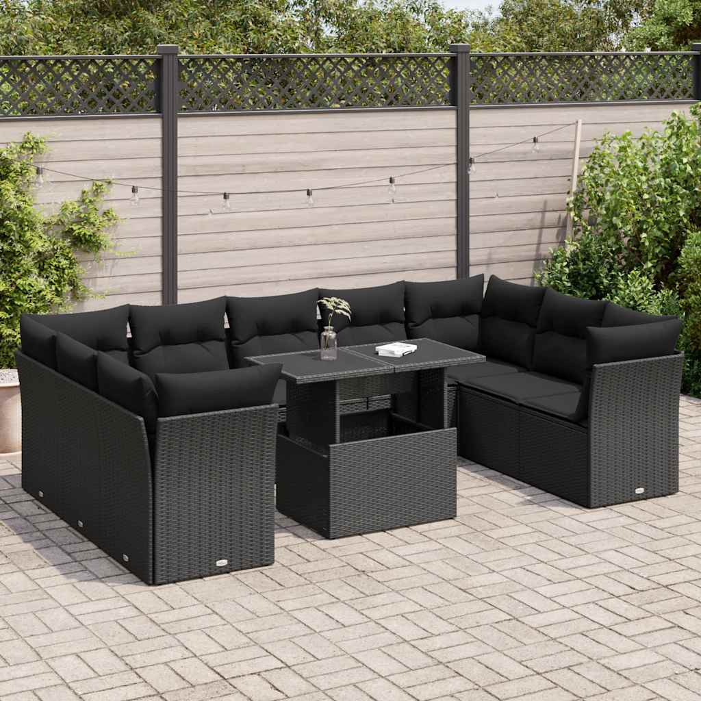 10-tlg. Garten-Sofagarnitur mit Kissen Schwarz Poly Rattan