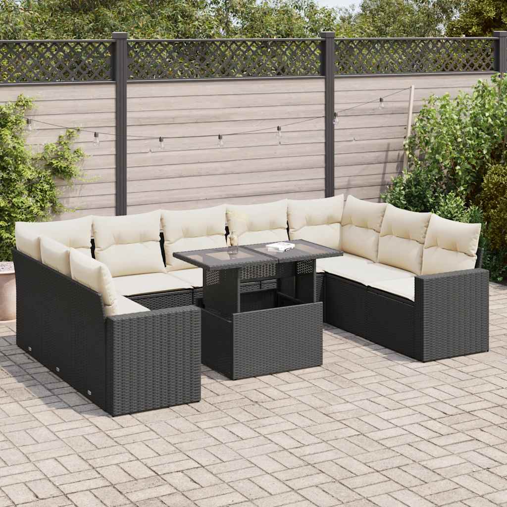 10-tlg. Garten-Sofagarnitur mit Kissen Schwarz Poly Rattan