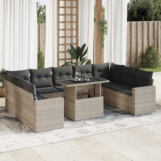 10-tlg. Garten-Sofagarnitur mit Kissen Hellgrau Poly Rattan