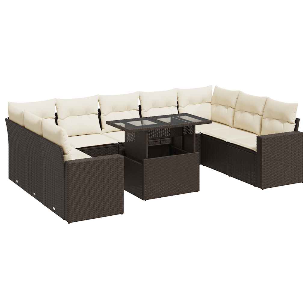 10-tlg. Garten-Sofagarnitur mit Kissen Braun Poly Rattan