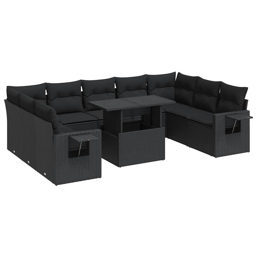 10-tlg. Garten-Sofagarnitur mit Kissen Schwarz Poly Rattan