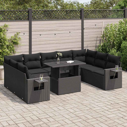 10-tlg. Garten-Sofagarnitur mit Kissen Schwarz Poly Rattan