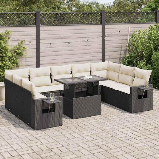 10-tlg. Garten-Sofagarnitur mit Kissen Schwarz Poly Rattan